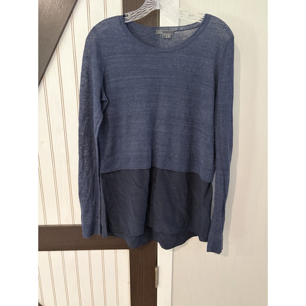 Vince Blue Silk Linen Mock Overlay Long Sleeve Sweater Womens Size Small